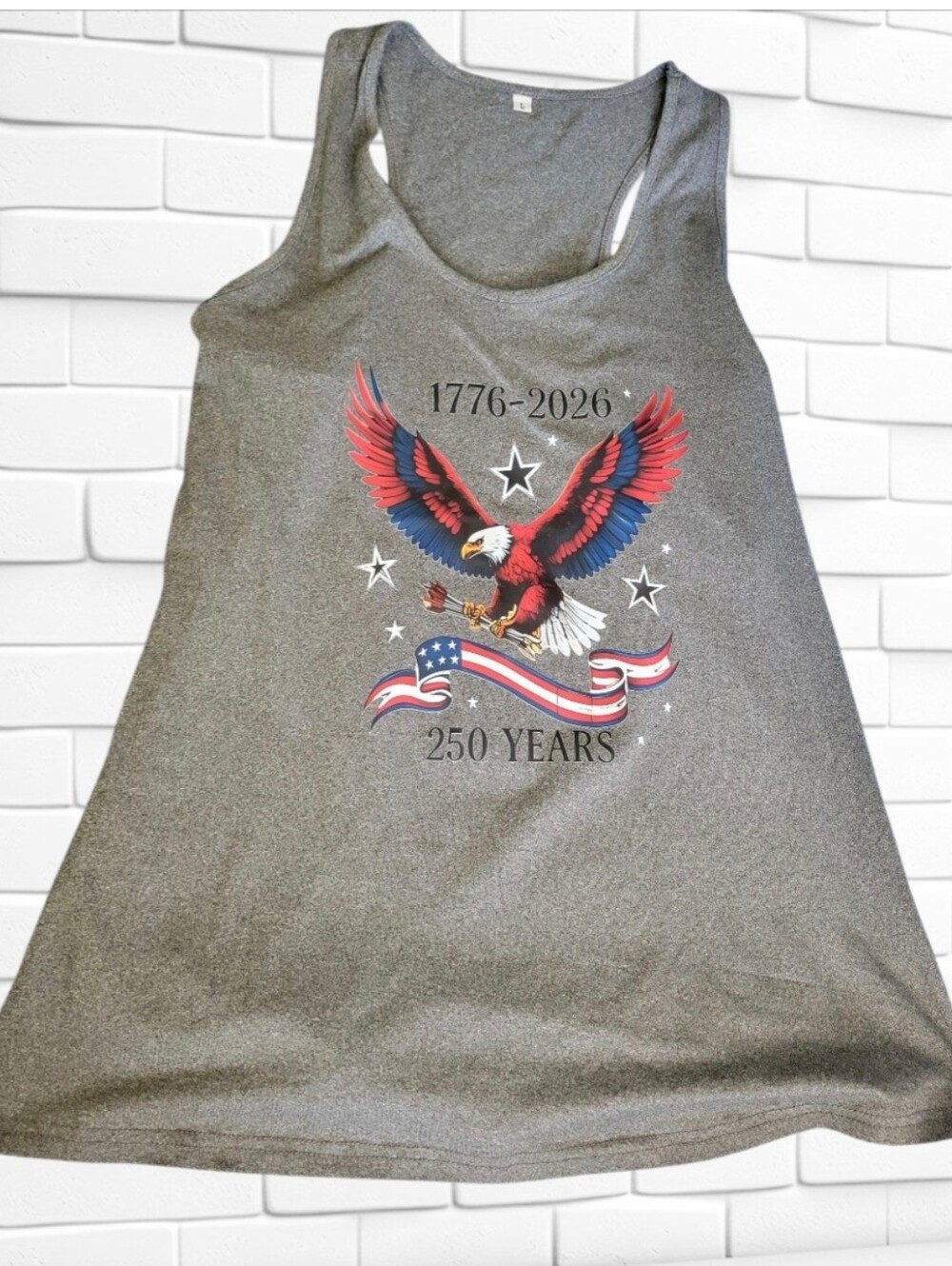 Patriotic Eagle Graphic Tank Top - Gray with Red, White & Blue